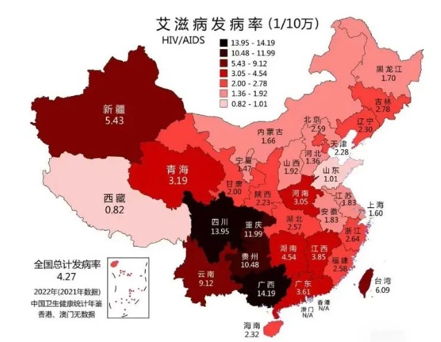 全国各省HIV分布地图，四川第一 广西第二！